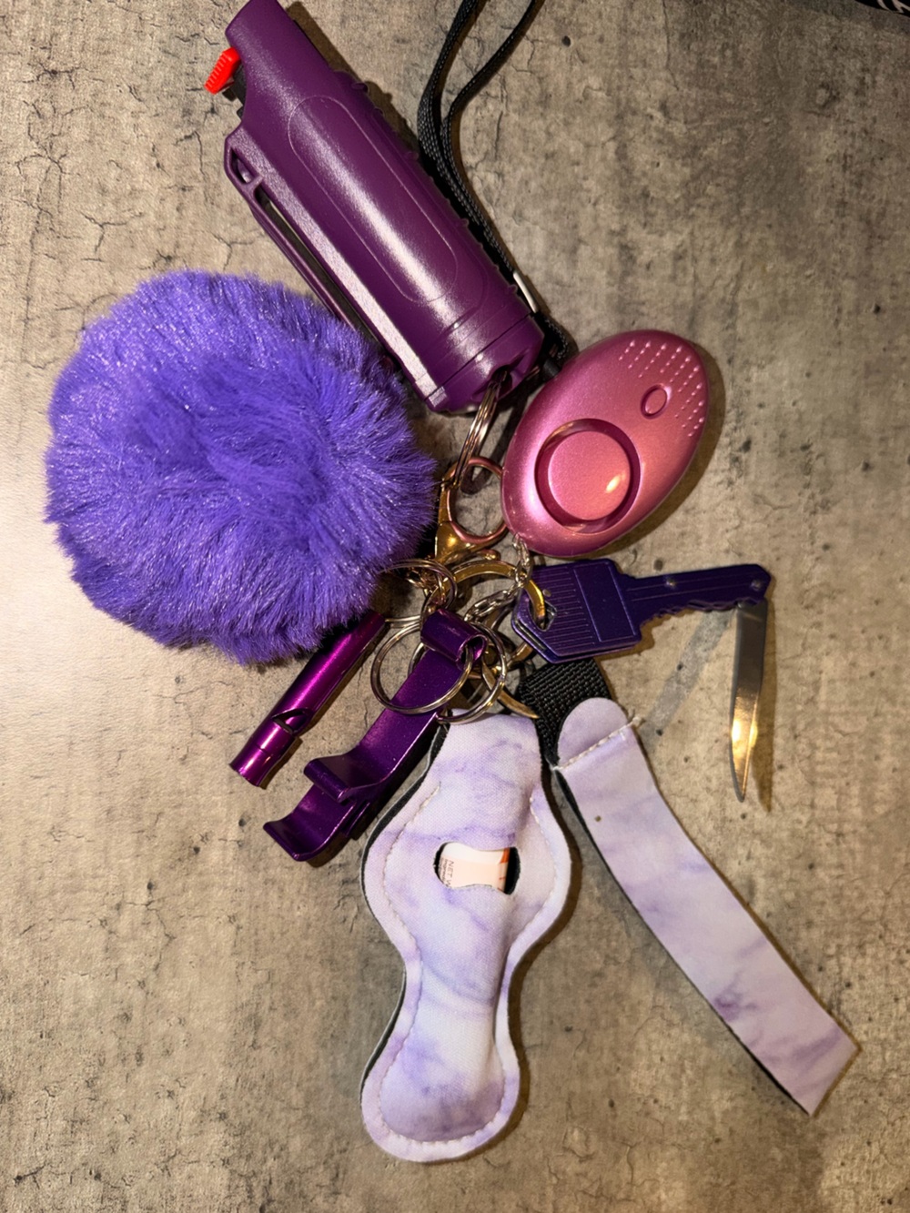 Purple Pom-Pom Keychain Accessory with Safety Alarm